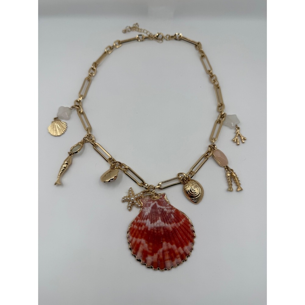 Gold Tone Paperclip Chain Nautical Shell Charm Necklace Red Scallop Starfish